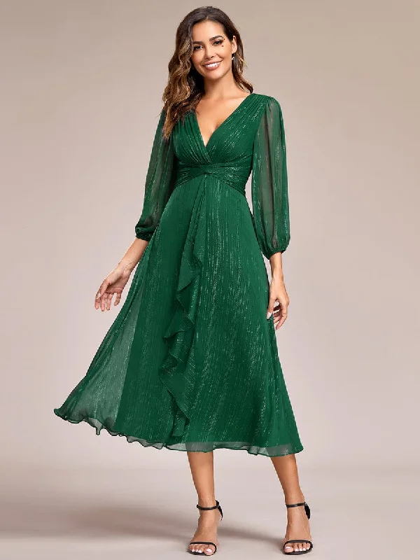 Versatile Comfort Cozy Stylish Wear Custom Size See-Through Long Sleeve Twist Knot A-Line Lotus Leaf Shimmering Evening Dress