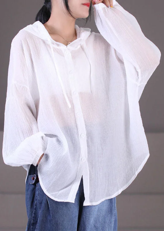 Weekend Comfort Effortless Cozy Outfits Women White Solid Color Drawstring Hooded Cotton Loose Coat Long Sleeve