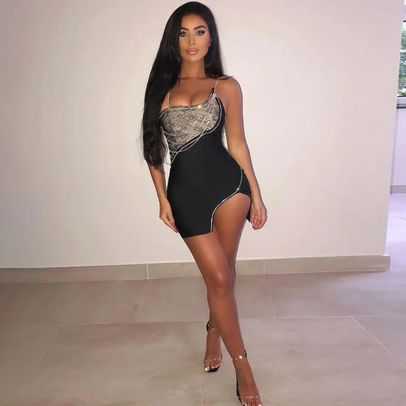 Versatile Comfort Relaxed Fashion Styles Asymmetric Rhinestone Chain Embellished Lace Panel Split Mini Party Dress