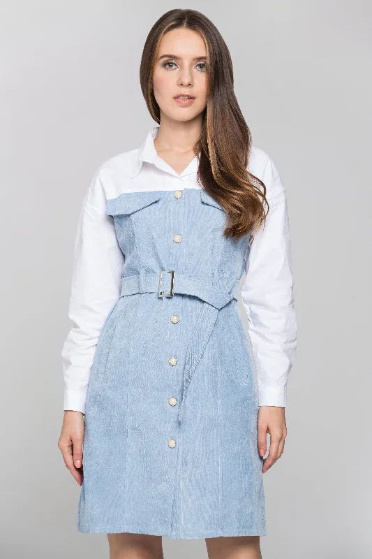 Trendy Wear Soft Casual Wearable Slate Blue Chord and White Panel Belted Midi Shirt Dress