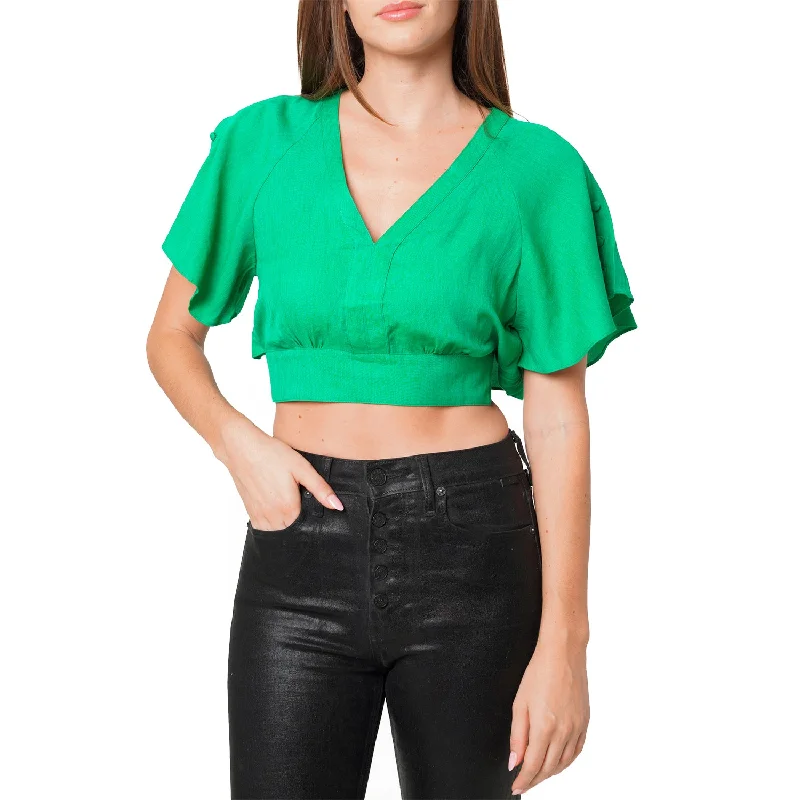Relaxed Fashion Simple Chic Pieces Women's Tie Waist Cape Sleeve Cropped Blouse in Kelly Green