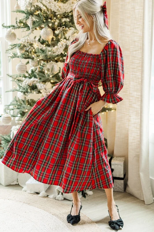 Layered Style Stylish Relaxed Clothing All I Want Red Tartan Plaid Midi Dress