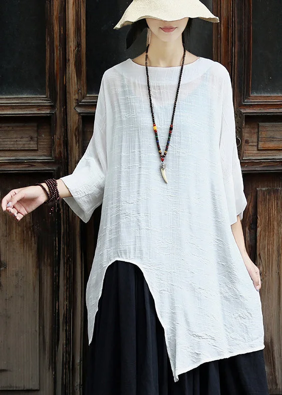 Comfy Dress Casual Soft Layers Original Solid White Asymmetrical Design Cotton Top Three Quarter sleeve