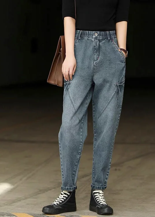 Comfy Dress Cozy Pieces Wear Simple Denim Blue Elastic Waist Patchwork Cotton Harem Pants Spring