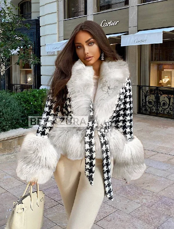 Cozy Knits Soft Street Fashion Houndstooth White Fox Fur Trim Belted Wool Jacket