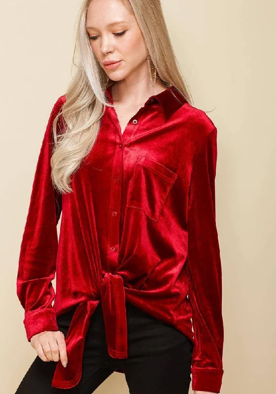 Soft Feel Cozy Layering Pieces Pleione Women's Button Down Velvet Shirt Blouse in Red Soft Feel Cozy Layering Pieces Pleione Women's Button Down Velvet Shirt Blouse in Red