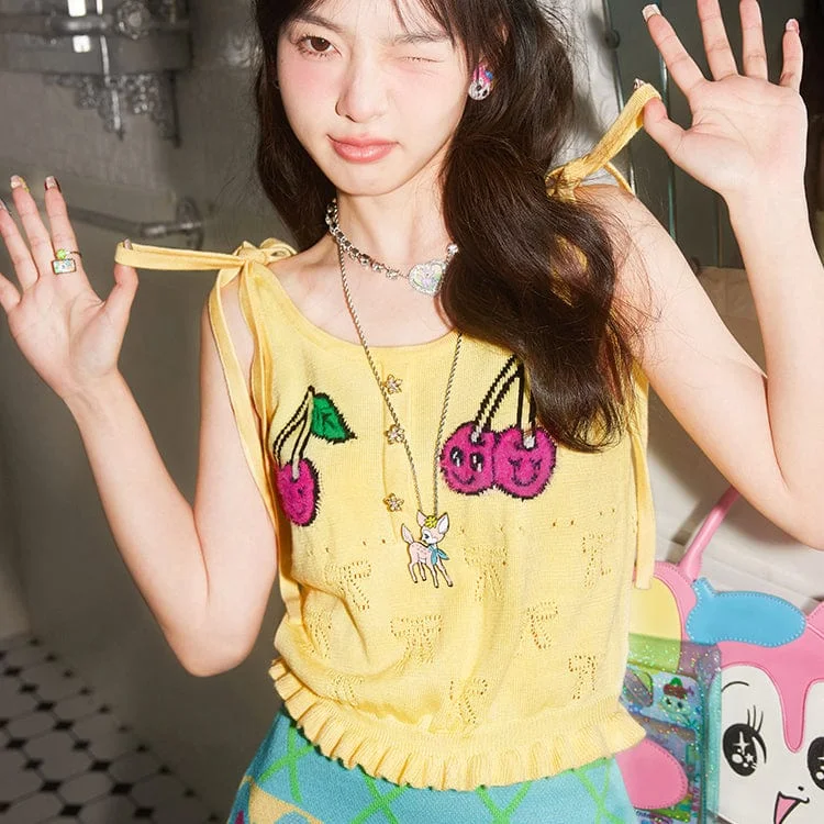 Soft Knitwear Soft Casual Wearable Women's Pink Kawaii Ruffled Cherry Knitted Vest