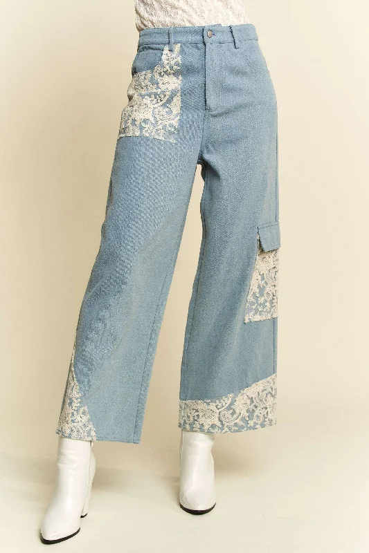 Modern Chic Simple Cozy Pieces Davi & Dani Lace Applique Wide Leg Jeans