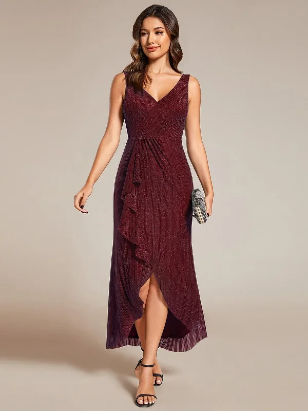 Weekend Wear Trendy Cozy Wearables High-Low Ruffle Mermaid Wedding Guest Dress with V-Neck Weekend Wear Trendy Cozy Wearables High-Low Ruffle Mermaid Wedding Guest Dress with V-Neck