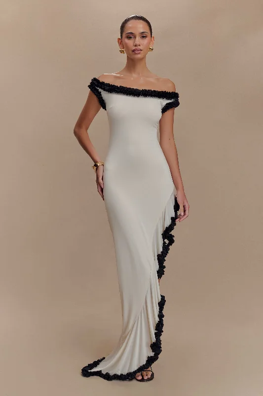 Soft Layers Comfortable Chic Choices Arielle Off Shoulder Ruffle Midi Dress - Ivory/Black