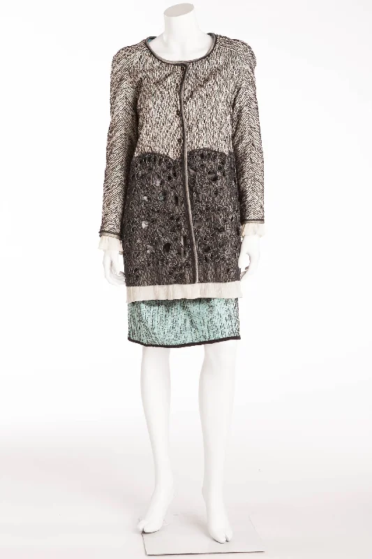 All-Day Wear Casual Soft Layers Rochas - 3PC Gray Button up Jacket with Eyelets & Turquoise & Black Spaghetti Strap Top, Dress and Skirt