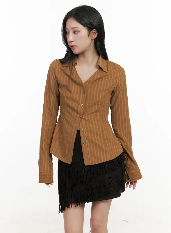 Warm Layers Trendy Street Comfort Wear Striped Collared Buttoned Blouse CD409