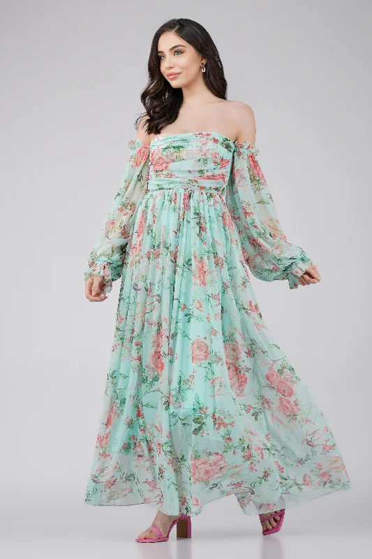 Effortless Dressing Comfortable Trend Wear Lana Chiffon Printed Dress in Green