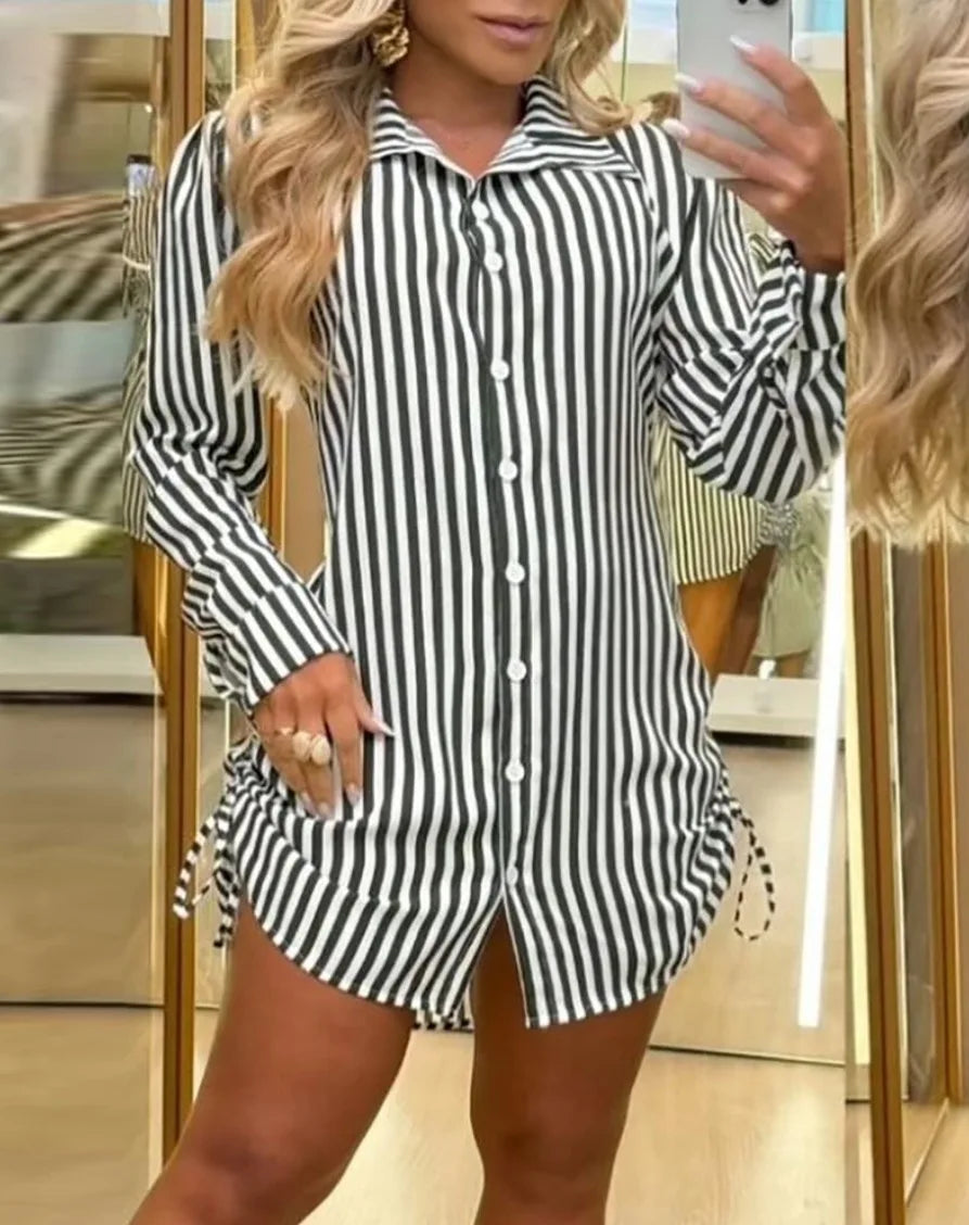 Comfortable Jackets Effortless Fashion Options Versatile Striped Print  Drawstring Button Mini  Shirt Dress with Sleeve