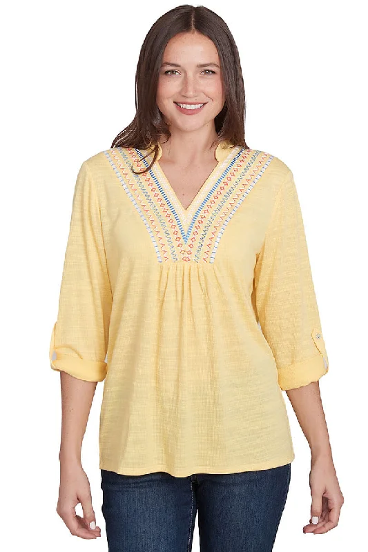 Minimal Comfort Casual Chic Options Bella Vista Lemon Embroidered Peasant Blouse