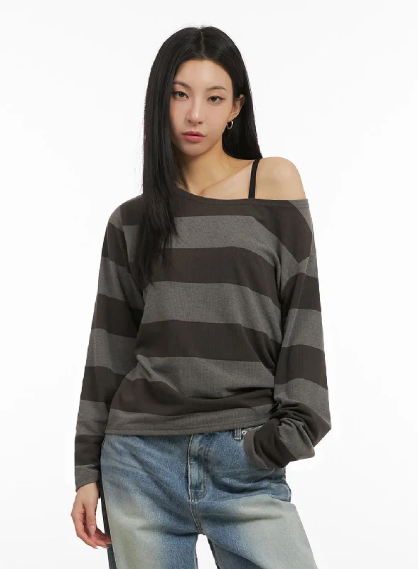 Minimal Comfort Casual Soft Layers One-Shoulder Striped Top ID431