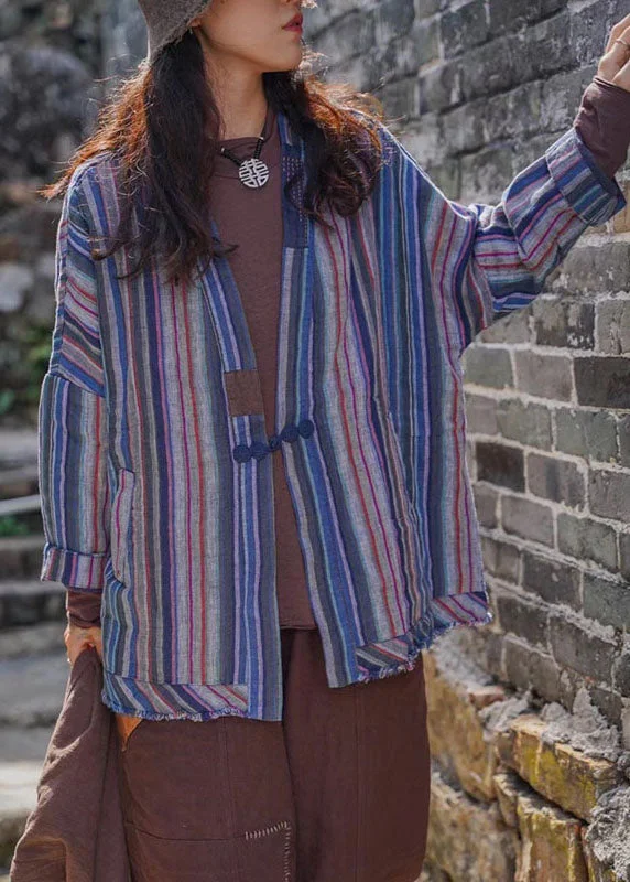Cozy Sweaters Comfortable Chic Wearables Plus Size Blue Striped retro Button Fall Shirt Top
