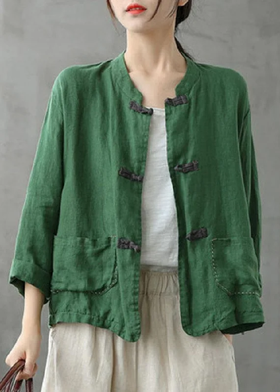 Breathable Comfort Stylish Layered Wear Boutique Green Stand Collar Embroideried Patchwork Linen Coat Breathable Comfort Stylish Layered Wear Boutique Green Stand Collar Embroideried Patchwork Linen Coat
