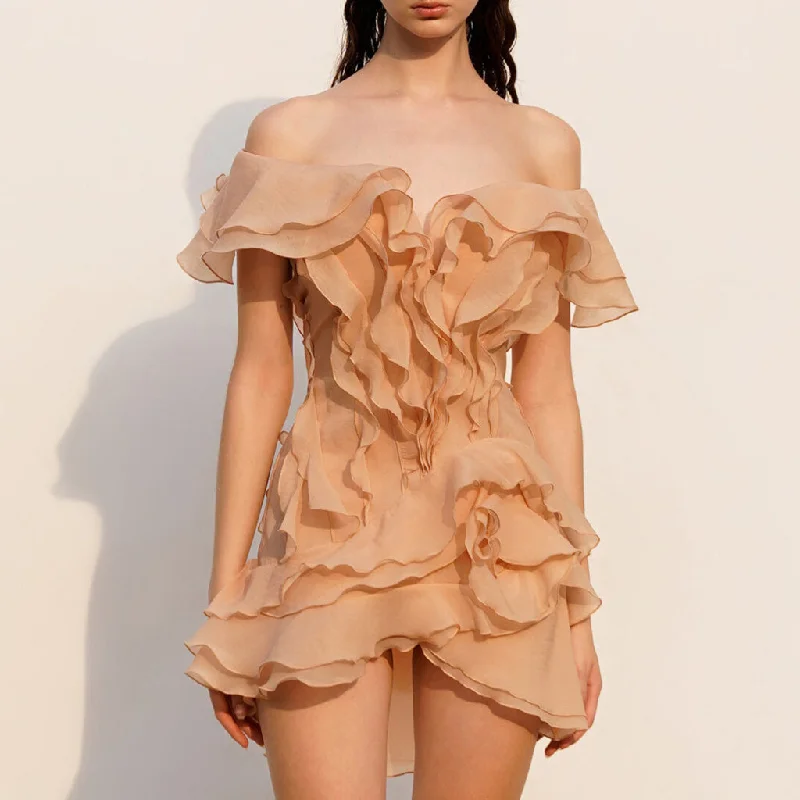 Minimal Comfort Relaxed Street Fashion Ethereal Chiffon Deep V Off The Shoulder Layered Ruffle Rosette Mini Dress Minimal Comfort Relaxed Street Fashion Ethereal Chiffon Deep V Off The Shoulder Layered Ruffle Rosette Mini Dress