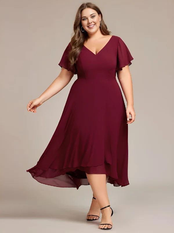 Cozy Sweaters Comfortable Trend Wear Rina | Plus Size Flowing Chiffon V-Neck Ruffle Sleeves Bridesmaid Dress