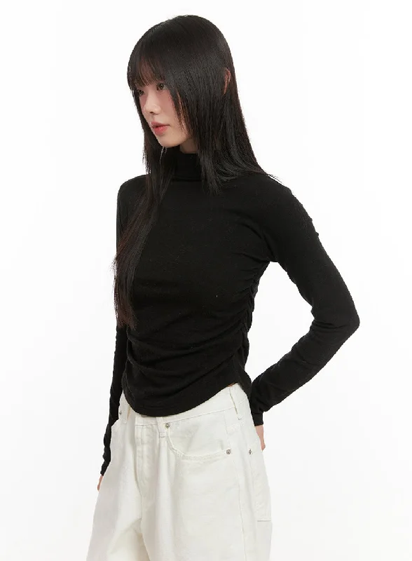 Cozy Pants Casual Soft Fit Shirred Slim-Fit Turtle Neck Top CJ506