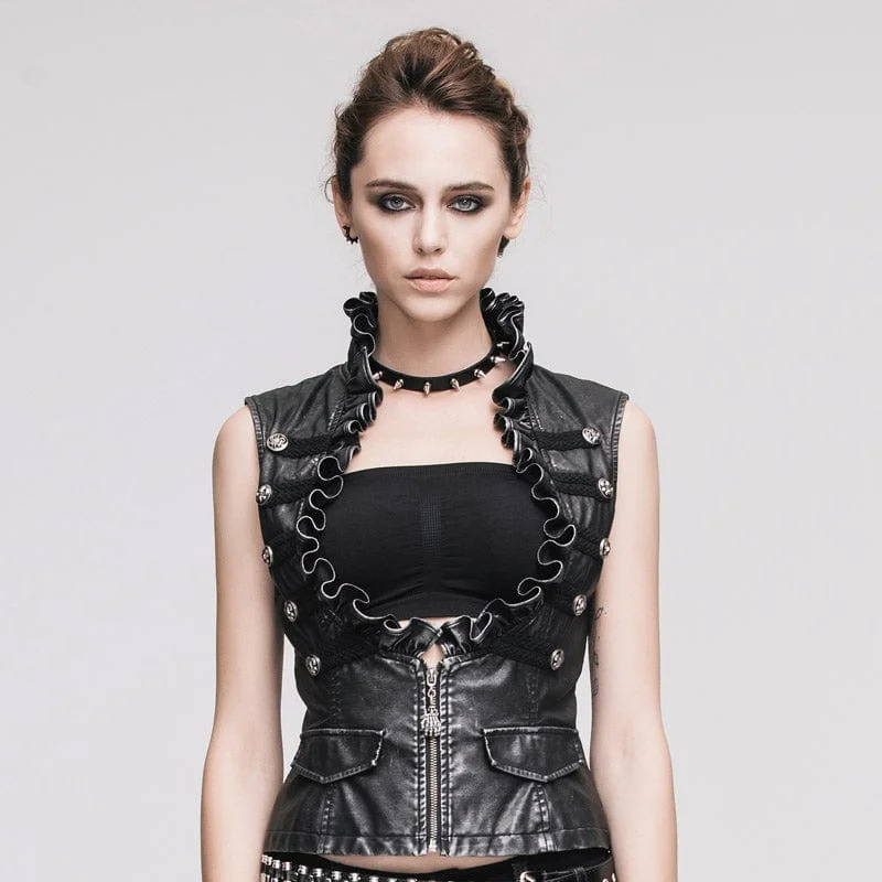 Stylish Ease Simple Cozy Pieces Women's Punk Faux Leather Waistcoat With Leather Frills Stylish Ease Simple Cozy Pieces Women's Punk Faux Leather Waistcoat With Leather Frills