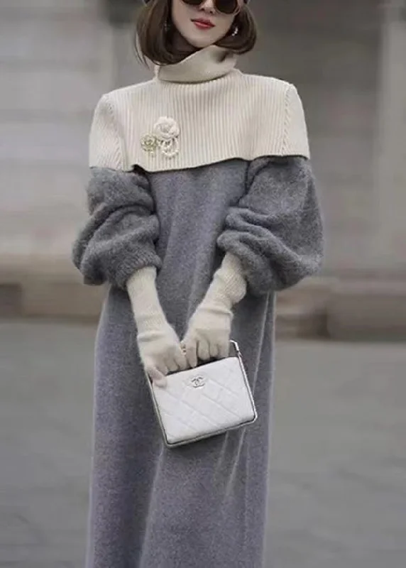 Relaxed Fashion Soft Wear Fit Italian Grey O Neck Woolen Sweater Dress Lantern Sleeve