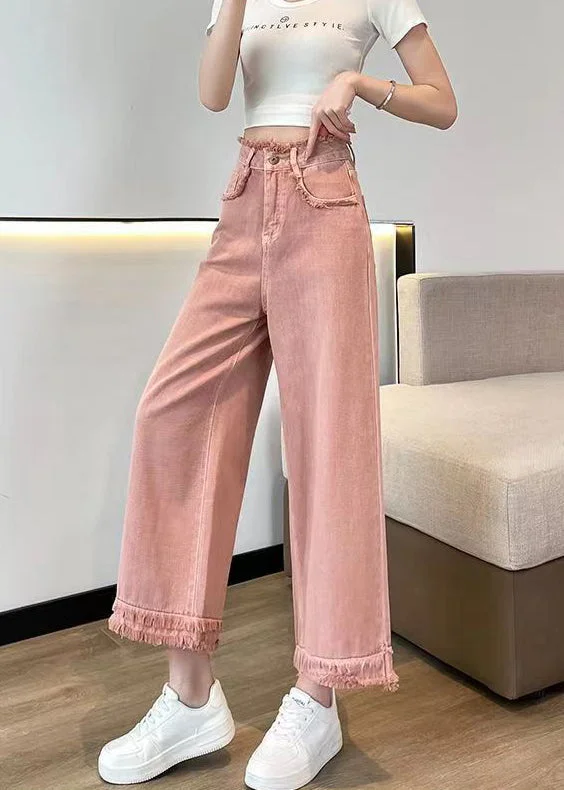 Relaxed Fashion Simple Comfort Trends Beautiful Pink Tasseled High Waist Denim Wide Leg Pants Spring