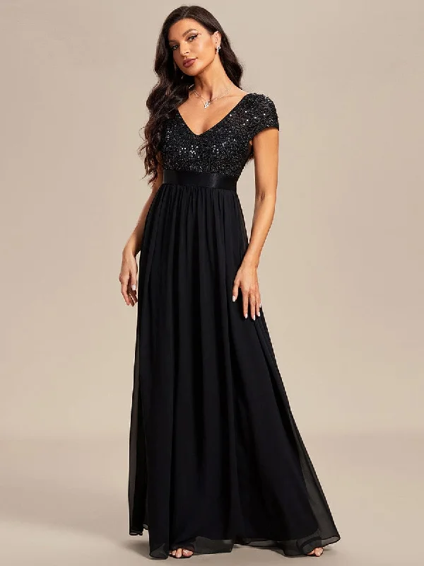 Relaxed Fashion Trendy Warm Layered Pieces Greta | Empire Waist V-Neck Cap Sleeve Chiffon Formal Evening Dress