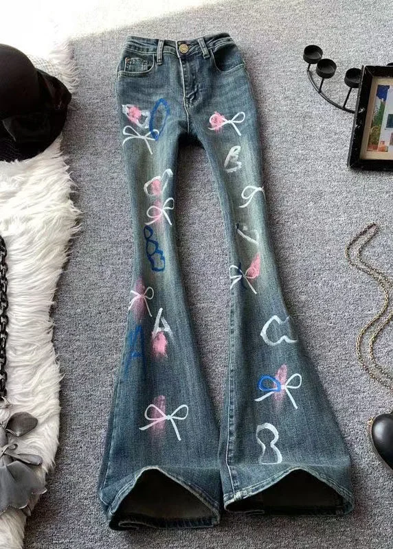 Stylish Jackets Soft Daywear Fits Stylish Blue High Waist Bow Print Denim Flared Trousers Spring