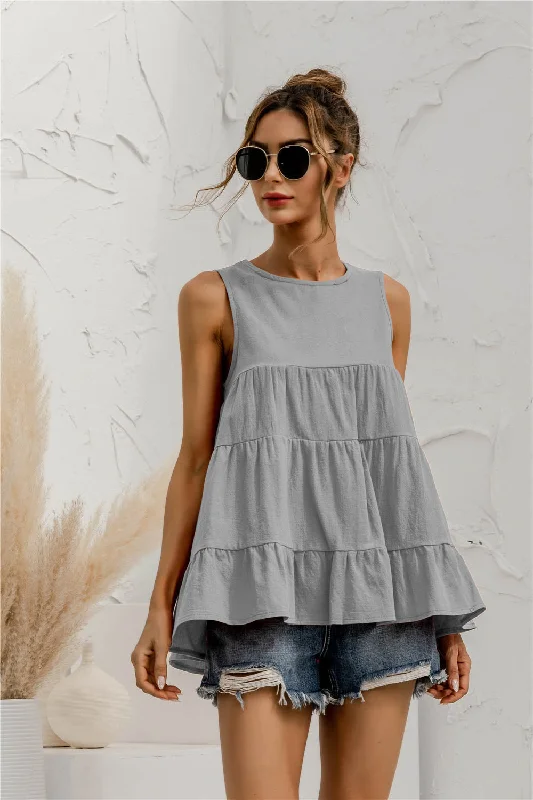 Soft Comfort Relaxed Layered Looks Round Neck Tiered Tank