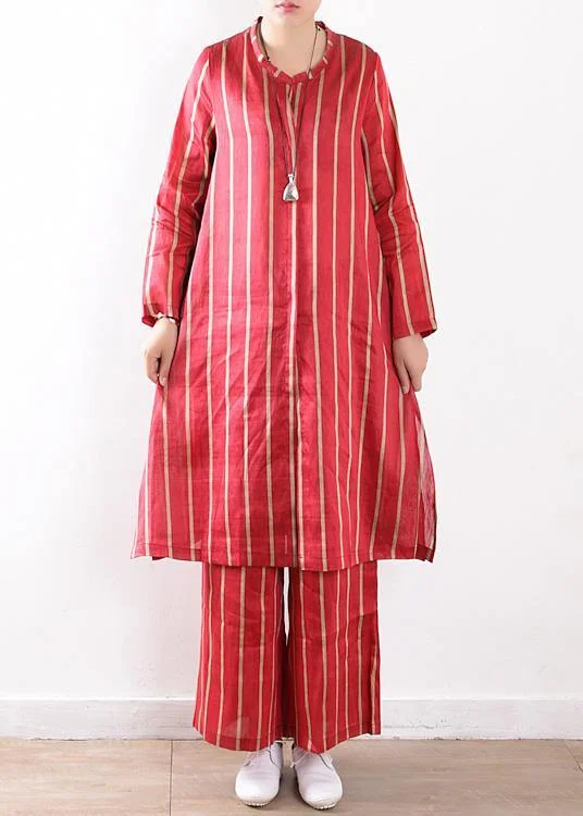 Relaxed Fit Cozy Stylish Wear new striped red silk linen long shirt and elastic waist pants