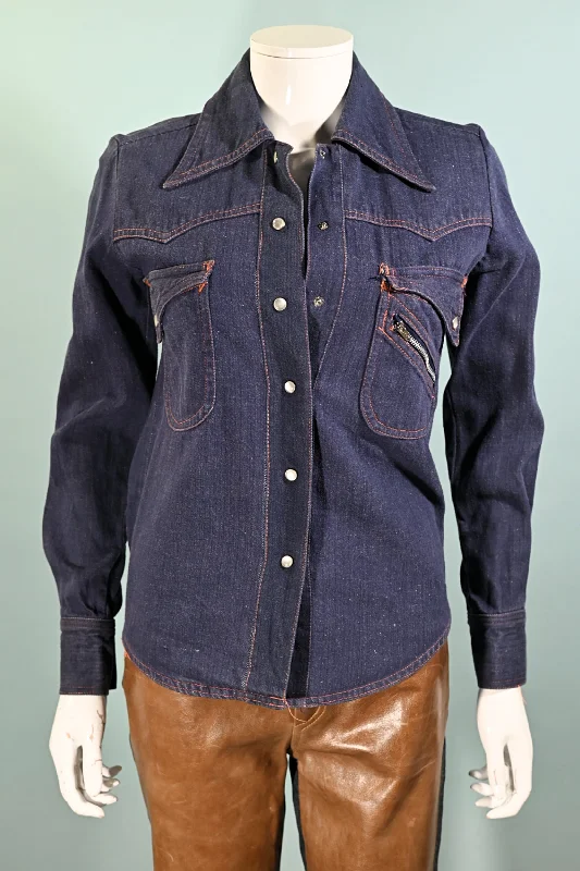 Comfy Pants Simple Cozy Pieces Vintage 60s Denim Fitted Shirt, Sears Junior Bazaar Denim Top XS/S
