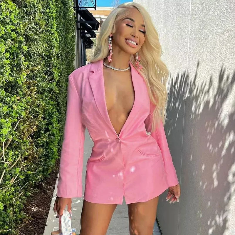Cozy Knits Practical Soft Fit Crystal Knot Backless Single Breasted Tailored Blazer Mini Dress - Pink Cozy Knits Practical Soft Fit Crystal Knot Backless Single Breasted Tailored Blazer Mini Dress - Pink