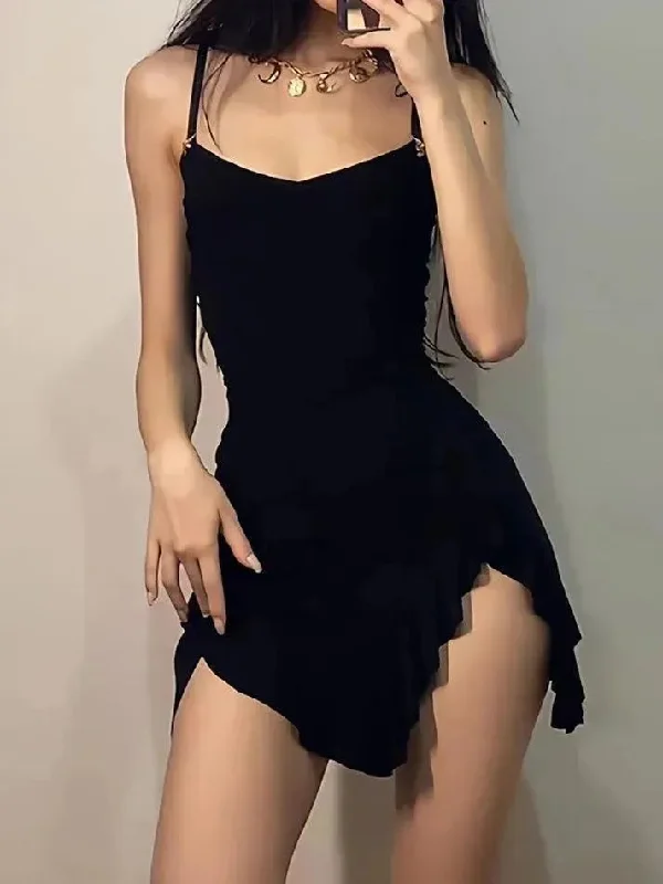 Comfy Dress Relaxed Chic Pieces Ruffle Asymmetrical Ruched V-Neck Mini Dress