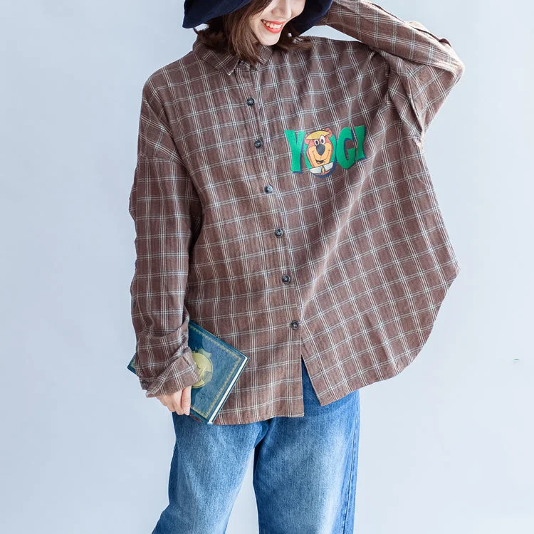 Versatile Outfits Cozy Smart Wear new unique khaki grid cotton tops plus size long sleeve  prints shirts