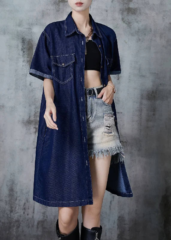Layered Comfort Practical Warm Clothing Plus Size Navy Peter Pan Collar Denim Mini Dress Summer