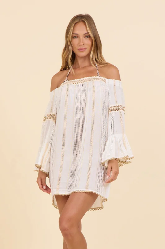 Fresh Comfort Relaxed Street Fashion White Lurex Stripe Off Shoulder Mini Dress