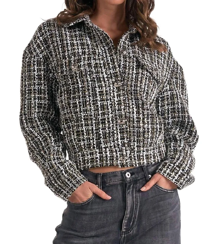 Soft Style Relaxed Layered Looks Jazz Tweed Jacket Blazer In Black W/gold+Wht