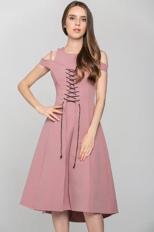 Comfy Dress Affordable Soft Fit Pink Layered Cold Shoulder Corset Midi Dress