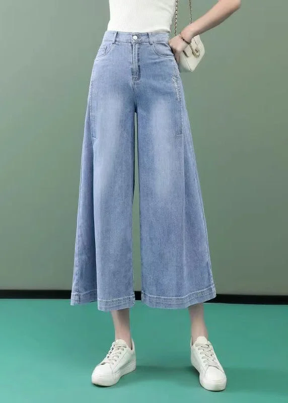 Luxe Comfort Cozy Clothing Choices Stylish Light Blue Pockets High Waist Denim Wide Leg Pants Spring