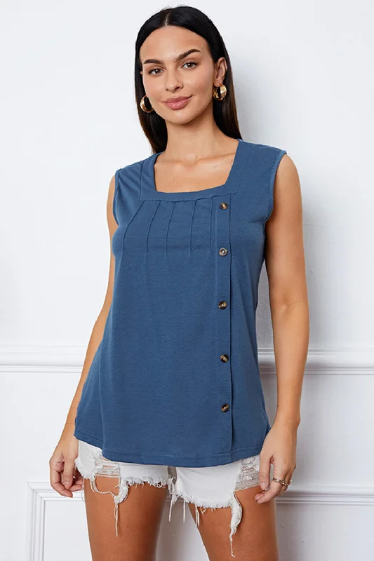 Elegant Wear Stylish Relaxed Clothing Square Neck Decorative Button Tank