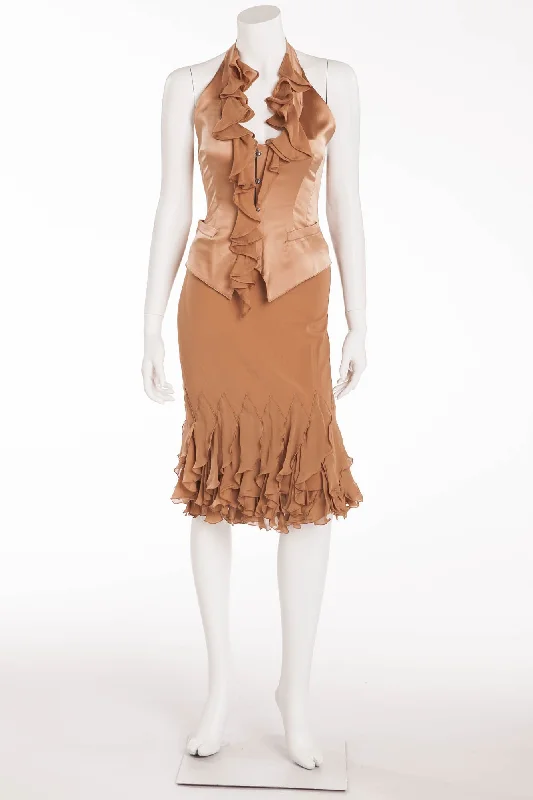 Basic Comfort Cozy Smart Wear Roberto Cavalli - 2PC Taupe Satin Bustier and Skirt with Ruffles - S