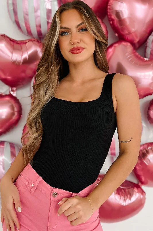 Soft Clothing Fashion Chic Comfort Anybody But You Ribbed Square Neck Bodysuit (Black)