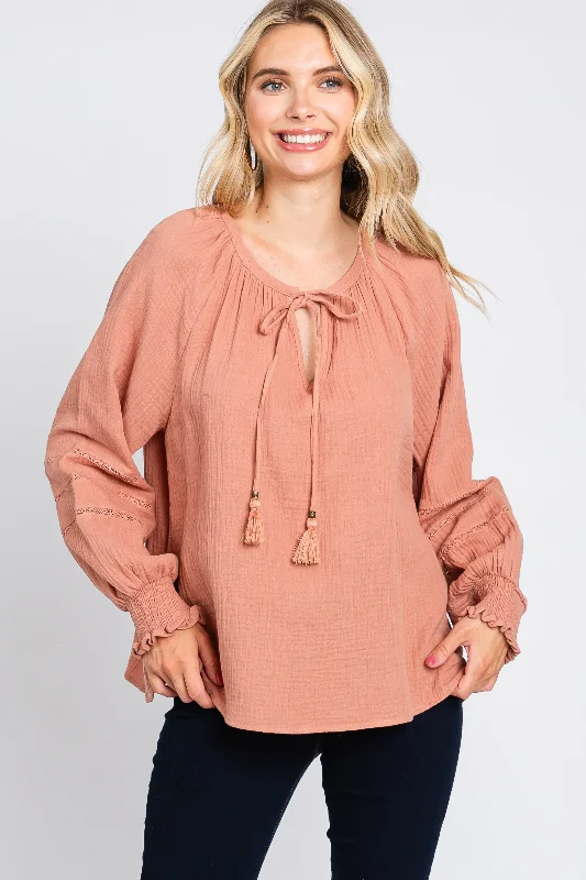 Soft Feel Cozy Everyday Styles Mauve Tie Front Long Sleeve Blouse