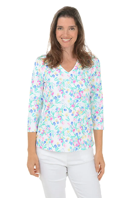 Breathable Style Effortless Comfort Fit Tulip Bouquet UPF50+ V-Neck Top