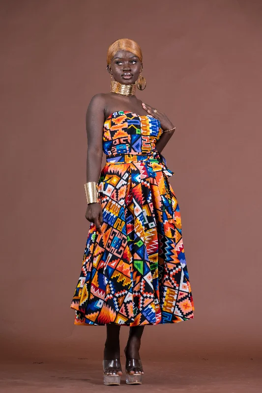 Cozy Fashion Stylish Soft Outfits Teni Ankara Strapless Tube Midaxi Dress | Yellow and Blue African Kente Print