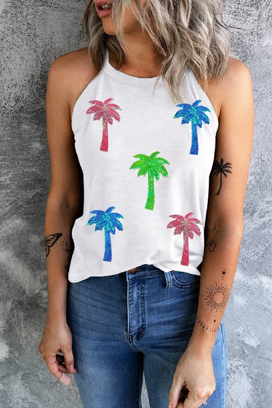 Comfy Pants Trendy Warm Pieces Sequin Coconut Tree Round Neck Tank