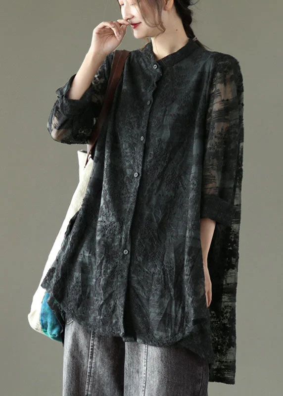 Simple Comfort Cozy and Relaxed Wear Natural Black Stand Collar Embroideried Lace Long Shirt Long Sleeve