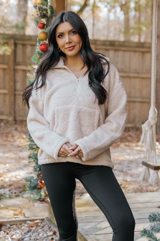 Trendy Looks Trendy Soft Fit Beige Fleece Half Zip Up Jacket - FINAL SALE